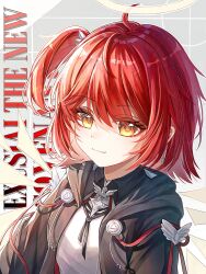 Rule 34 | 1girl, ahoge, aoko (amamiya aoko), arknights, black jacket, character name, chinese commentary, closed mouth, commentary request, detached wings, exusiai (arknights), exusiai the new covenant (arknights), halo, highres, jacket, looking at viewer, one side up, portrait, red hair, short hair, smile, solo, traditional halo, wings, yellow eyes, yellow halo