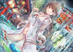 1girl absurdres blunt_bangs blush brown_eyes brown_hair chihaya_(clothing) collarbone dutch_angle fish floating_hair hair_ribbon highres japanese_clothes long_hair long_sleeves midriff navel night ogata_tei open_clothes original outdoors panties parted_lips red_ribbon ribbon ribbon-trimmed_sleeves ribbon_trim sky solo star_(sky) starry_sky stomach twintails underwear very_long_hair wading wet wet_clothes wet_panties wide_sleeves