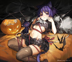 1boy absurdres alalen animal_ear_fluff animal_ears animalization artist_name ascot bandages bat_(animal) black_cat black_shirt black_skirt black_sleeves blunt_ends bright_pupils cat cat_ears cropped_shirt curled_fingers dated eyeliner eyeshadow feathers fingernails frilled_shirt frilled_skirt frills genshin_impact grey_thighhighs groin hands_on_own_face hands_up highres jack-o&#039;-lantern looking_at_viewer lying makeup male_focus midriff miniskirt navel on_back on_bed parted_lips person_and_animalization pillow pom_pom_(clothes) puffy_sleeves purple_eyes purple_hair raised_eyebrows red_eyeliner red_eyeshadow scaramouche_(cat)_(genshin_impact) scaramouche_(genshin_impact) shirt short_sleeves skirt solo tears thighhighs torn_clothes torn_thighhighs white_ascot white_mouth white_pupils yellow_feathers