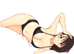 1girl bikini black_bikini black_hair blush breasts halterneck hand_on_own_head highres jin001 looking_at_viewer lying navel on_side original simple_background solo swimsuit white_background