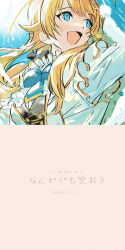 1girl absurdres aqua_eyes ascot black_bow blonde_hair blue_bow blue_bowtie blush bow bowtie breasts frilled_ascot frills hachimiya_meguru hair_bow highres idolmaster idolmaster_shiny_colors long_hair looking_to_the_side medium_breasts nana_tetra open_mouth shirt solo sparkle translation_request twitter_username upper_body white_shirt
