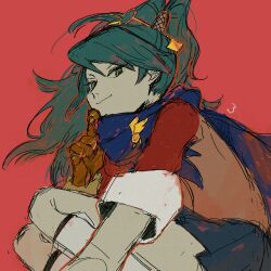 1girl ace_attorney ace_attorney_investigations bad_id bad_pixiv_id black_hair blue_scarf green_eyes kay_faraday looking_at_viewer red_background rooom38 scarf solo_focus