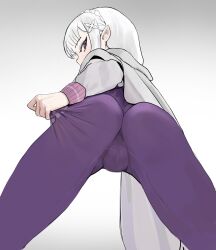1girl absurdres ass bent_over bodysuit braid cameltoe cinn_angl cloak commentary emilia_(re:zero) english_commentary flower grey_background grey_hair hair_ornament highres hood hooded_cloak long_hair looking_at_viewer looking_back official_alternate_costume pointy_ears pulling_own_clothes purple_bodysuit purple_eyes re:zero_kara_hajimeru_isekai_seikatsu simple_background solo white_cloak white_hair x_hair_ornament