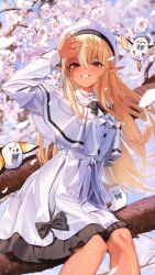 Rule 34 | 1girl, absurdres, alternate costume, bird, blonde hair, blush, bocchi (kuropom7), capelet, commentary request, dark-skinned female, dark elf, dark skin, dress, duplicate, elf, elfriend (shiranui flare), grin, hair between eyes, hat, highres, hololive, long hair, looking at viewer, pointy ears, red eyes, shiranui flare, sidelocks, sitting on branch, smile, solo, virtual youtuber, white capelet, white dress, white hat