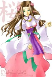 Rule 34 | 1girl, 2000s (style), 2001, bad id, breasts, brown hair, diabolique, dress, flower, forehead tattoo, full body, green eyes, hair flower, hair ornament, juliet sleeves, long hair, long sleeves, looking at viewer, medium breasts, open mouth, ouki (diabolique), parted bangs, pink dress, pink flower, pointy ears, puffy sleeves, purple sash, sash, simple background, smile, solo, tachibana sakuya (matsurika), white background, white dress