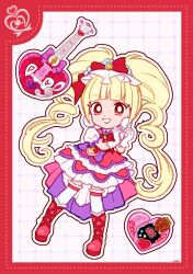 Rule 34 | 1girl, aisaki emiru, bag bow, blonde hair, blunt bangs, boots, border, bow, bowtie, bright pupils, brooch, collared shirt, cure macherie, deformed, dotted line, dress, drill hair, earrings, electric guitar, eyelashes, frilled dress, frilled footwear, frilled socks, frills, full body, gloves, grid background, grin, guitar, hair bow, heart, heart hands, highres, hugtto! precure, instrument, jewelry, lace-up boots, large earrings, lipstick, long hair, magical girl, makeup, mascara, medium dress, outline, over-kneehighs, pink bag, pom pom (clothes), pom pom earrings, precure, puffy short sleeves, puffy sleeves, red boots, red border, red bow, red bowtie, red dress, red eyes, red lips, shirt, short sleeves, signature, smile, socks, solo, tareme, thighhighs, train (clothing), twin drills, twintails, two-tone bag, uwded 207, very long hair, waist bag, white background, white bag, white gloves, white outline, white pupils, white sleeves, white socks