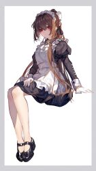 1girl absurdres alternate_costume apron arm_support baiye_renxing bare_legs black_dress black_shoes border brown_hair closed_mouth dress frilled_apron frills full_body gloves grey_border hand_on_lap highres invisible_chair juliet_sleeves long_hair long_sleeves maid maid_headdress mary_janes ponytail puffy_sleeves red_eyes reverse:1999 semmelweis_(reverse:1999) shoes short_dress sitting smile solo very_long_hair white_apron white_background white_gloves
