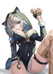 1girl absurdres animal_ears animal_hood armored_boots black_gloves blue_eyes boots breasts cat_ears cat_girl cat_hood cipher_(honkai:_star_rail) coin commentary_request fingerless_gloves gloves gold_boots gold_coin grey_hair highres holding holding_coin honkai:_star_rail honkai_(series) hood kd_(kdh45689) large_breasts looking_at_viewer short_hair_with_long_locks shorts simple_background solo thighs tongue tongue_out white_background white_shorts