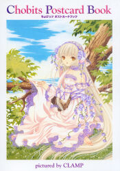 00s chii chobits clamp dress flower full_body highres long_hair looking_at_viewer official_art outdoors postcard_(medium) sitting sky tree very_long_hair