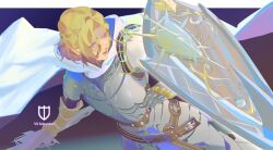 1boy armor blonde_hair cape commentary_request cowboy_shot dutch_angle final_fantasy final_fantasy_xiv fishee_(fisheem4mmal) highres holding holding_shield holding_sword holding_weapon knight male_focus paladin_(final_fantasy) purple_eyes shield short_hair solo sword twisted_wonderland vil_schoenheit weapon white_cape