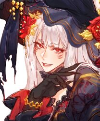 1girl black_dress black_gloves black_hat bracelet commentary cromcheez dress facial_mark flower gloves hair_flower hair_ornament hand_up hat highres jewelry long_hair long_sleeves looking_at_viewer mole mole_under_eye nijisanji nijisanji_en nina_kosaka nina_kosaka_(2nd_costume) official_alternate_costume red_eyes red_flower simple_background smile solo symbol-only_commentary teeth upper_body virtual_youtuber white_background white_hair