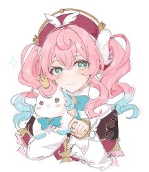 1girl aqua_hair beret closed_mouth creature crown dress hair_between_eyes hat highres honkai:_star_rail honkai_(series) hyacine_(honkai:_star_rail) janedoe_1229 little_ica_(honkai:_star_rail) looking_at_viewer multicolored_hair pink_hair red_dress red_hat simple_background smile solo twintails two-tone_hair white_background white_sleeves yellow_pupils