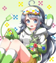1girl :d ahoge blue_eyes blush breasts commentary_request d-pad feet_out_of_frame gradient_background green_background green_socks grey_hair highres hood hood_down hoodie inohara_koboshi kneehighs knees_up long_hair long_sleeves looking_at_viewer mask mask_on_head medium_breasts ongeki open_mouth parted_bangs ruu_(tksymkw) shorts sitting sleep_mask sleeves_past_fingers sleeves_past_wrists smile socks solo two-tone_socks white_hoodie white_socks yellow_shorts zipper