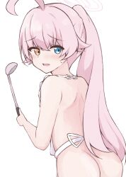 1girl ahoge apron artist_request ass back blue_archive blue_eyes blush cafeman fang from_behind halo heterochromia highres holding holding_ladle hoshino_(blue_archive) ladle loli long_hair looking_back naked_apron open_mouth pink_hair ponytail solo standing sweat white_apron white_background yellow_eyes
