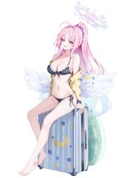 Rule 34 | 1girl, ahoge, angel wings, bare legs, barefoot, bikini, black bikini, black scrunchie, blue archive, blush, bow, breasts, commentary, feathered wings, frilled bikini, frills, gradient halo, ha en, hair ornament, halo, highres, jacket, large breasts, legs, long hair, long sidelocks, looking at viewer, low wings, mika (blue archive), multicolored halo, navel, off shoulder, open mouth, pink hair, pink halo, ponytail, scrunchie, side-tie bikini bottom, sidelocks, simple background, sitting, solo, stomach, suitcase, swimsuit, toes, white background, white wings, wing ornament, wings, wrist scrunchie, yellow eyes, yellow jacket