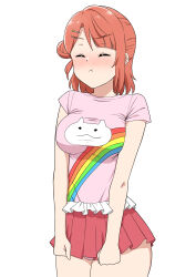 1girl :t ^_^ absurdres blunt_bangs breasts cleavage closed_eyes commentary_request cowboy_shot hair_bun hair_ornament hairclip half_updo hangyaku_no_nijigasaki highres jojifuku love_live! love_live!_nijigasaki_high_school_idol_club medium_breasts medium_hair microskirt official_alternate_costume ohrinas orange_hair panties pink_panties pink_shirt pleated_skirt pout print_shirt rainbow_print red_skirt shirt short_sleeves simple_background single_side_bun single_sidelock skirt solo swept_bangs uehara_ayumu undersized_clothes underwear v-shaped_eyebrows white_background
