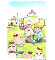 Rule 34 | 1girl, 2boys, akahanadragon, ball and chain restraint, baseball cap, blonde hair, bow, doseisan, full body, glasses, grass, hair bow, hat, house, jeff andonuts, ladder, looking at another, mother (series), mother 2, multiple boys, ness (mother 2), nintendo, open mouth, outdoors, paula (mother 2), shirt, shorts, sotting, striped clothes, striped shirt, tray, tree stump