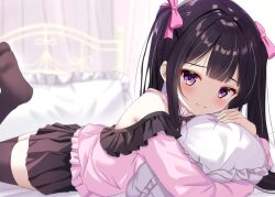 Rule 34 | 1girl, :t, backlighting, bare shoulders, black bow, black bowtie, black hair, black skirt, black thighhighs, blunt bangs, blush, bow, bowtie, closed mouth, commentary, feet out of frame, foot up, frilled pillow, frilled shirt, frills, hair bow, highres, hugging object, indoors, jirai kei, long hair, long sleeves, looking at viewer, lying, miniskirt, no shoes, off-shoulder shirt, off shoulder, on bed, on stomach, original, pillow, pillow hug, pink bow, pink shirt, pleated skirt, pout, purple eyes, sakura mikan (chirizakura), shirt, sidelocks, skirt, solo, split mouth, straight hair, the pose, thighhighs, twintails, zettai ryouiki