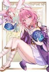 Rule 34 | 2girls, absurdres, bare shoulders, blue eyes, book, coat, commentary request, cyrene (honkai: star rail), dress, highres, honkai: star rail, honkai (series), jewelry, knees up, mem (honkai: star rail), multiple girls, necklace, open book, pink pupils, purple coat, sandals, short hair, sitting, smile, star-shaped pupils, star (symbol), symbol-shaped pupils, tail, thighs, toes, white dress, yuuna (vhux2273)