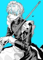 1boy alternate_costume apron blue_background blue_eyes blue_hair broom collared_dress crossdressing dress enmaided frilled_apron frills gloves grin hibachi_mana highres holding holding_broom kh1h1k long_sleeves looking_at_viewer maid maid_apron male_focus male_maid multicolored_hair nijisanji short_hair simple_background smile solo spot_color streaked_hair virtual_youtuber yellow_eyes