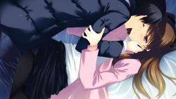 10s 1boy 1girl bed black_hair blush brown_eyes brown_hair couple game_cg kitahara_haruki long_hair looking_at_another ogiso_setsuna one_eye_closed pantyhose saliva short_hair skirt two_side_up white_album_(series) white_album_2