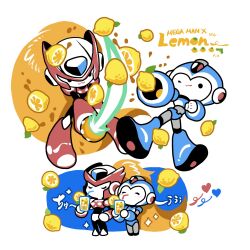 Rule 34 | 2boys, arm cannon, armor, blonde hair, blue armor, blue helmet, character name, chibi, cup, energy sword, english text, food, fruit, full body, glass, helmet, highres, holding, holding cup, lemon, lemonade, long hair, male focus, mega man (series), mega man x (series), melay (khrssc), multiple boys, multiple views, red armor, red helmet, sword, weapon, z saber, zero (mega man)