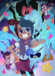 1boy 1girl brown_eyes brown_hair commentary ghost highres long_hair long_nose looking_at_viewer molly_mcgee open_mouth ponytail scratch_(the_ghost_and_molly_mcgee) shirt short_hair skirt smile the_ghost_and_molly_mcgee toon_(style) user_upnu8338 yellow_eyes