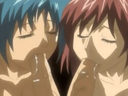 00s 1futa 2006 2girls 2penises amatsuki_jun animated animated_gif bible_black bible_black_only blue_hair brown_hair closed_eyes extra_penises fellatio futa_with_female futanari handjob kurimoto_maki lowres multiple_girls oral penis short_hair tagme twintails