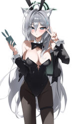 Rule 34 | 1girl, absurdres, alternate costume, animal ear fluff, animal ears, bare shoulders, black bow, black bowtie, black halo, black jacket, black leotard, black pantyhose, bllustration, blue archive, blush, bow, bowtie, breasts, broken halo, closed mouth, commentary, cross, cross hair ornament, detached collar, extra ears, grey hair, hair intakes, hair ornament, halo, highres, inverted cross, jacket, large breasts, leotard, long hair, looking at viewer, off shoulder, open clothes, open jacket, pantyhose, playboy bunny, rabbit ears, shiroko (blue archive), shiroko terror (blue archive), simple background, solo, strapless, strapless leotard, thigh strap, very long hair, white background, white wrist cuffs, wolf ears, wolf girl, wrist cuffs