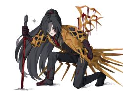 Rule 34 | 1boy, armor, black gloves, black hair, black shirt, blood, blood on clothes, blood on face, clenched hand, clenched teeth, contempt awe (e.g.o), curtained hair, e.g.o (project moon), full body, gloves, hair over one eye, high ponytail, highres, holding, holding weapon, jia huan (project moon), limbus company, long hair, looking at viewer, necktie, on one knee, planted, planted sword, planted weapon, ponytail, project moon, red necktie, shirt, solo, sword, teeth, very long hair, weapon, white background, wings, wuzinan19