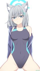 Rule 34 | 1girl, absurdres, animal ear fluff, animal ears, black one-piece swimsuit, blue archive, blue eyes, breasts, competition swimsuit, covered navel, cowboy shot, cross hair ornament, extra ears, grey hair, hair ornament, halo, highres, jacket, medium breasts, medium hair, mismatched pupils, multicolored swimsuit, official alternate costume, one-piece swimsuit, open clothes, open jacket, shiroko (blue archive), shiroko (swimsuit) (blue archive), simple background, siranui desu, solo, swimsuit, white background, wolf ears