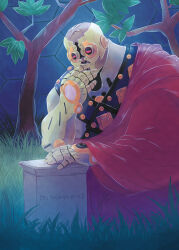 1boy armor commentary covered_face english_commentary full_armor grass highres joypandaah k_(kyokugen_dasshutsu) kneeling kyokugen_dasshutsu kyokugen_dasshutsu_adv:_zennin_shibou_desu latin_text leaf male_focus mask red_robe robe solo tombstone tree