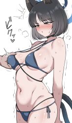 1girl 1other :o absurdres animal_ears bikini black_choker black_eyes black_hair blue_archive blue_bikini blue_halo blush breasts cat_ears cat_girl cat_tail choker commentary_request cowboy_shot grabbing_another&#039;s_breast groping halo highres kikyou_(blue_archive) kikyou_(swimsuit)_(blue_archive) kiteman442 medium_breasts multiple_tails navel official_alternate_costume short_hair simple_background stomach swimsuit tail thighs translation_request two_tails white_background