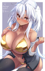 1girl bikini black_nails black_thighhighs blush border breasts brown_eyes collarbone cowboy_shot dark-skinned_female dark_skin dated glasses gold_bikini golden_week golden_week_bikini grey_background grey_hair hair_between_eyes highres jewelry kantai_collection large_breasts long_hair looking_at_viewer mashiro_yukiya musashi_(kancolle) musashi_kai_ni_(kancolle) navel open_clothes open_shirt ring semi-rimless_eyewear signature solo swimsuit thighhighs very_long_hair wedding_ring white_border white_hair