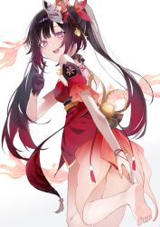 1girl :d absurdres animal artistic_error bare_shoulders barefoot black_gloves black_hair breasts commentary_request detached_sleeves dress feet fish fox_mask gloves goldfish gradient_hair hand_up highres honkai:_star_rail honkai_(series) long_hair looking_at_viewer looking_to_the_side mask mask_on_head medium_breasts mochi_nabe multicolored_hair open_mouth puffy_short_sleeves puffy_sleeves purple_eyes red_dress red_hair red_sleeves short_sleeves simple_background single_glove smile soles solo sparkle_(honkai:_star_rail) standing standing_on_one_leg twintails v very_long_hair white_background wrong_foot