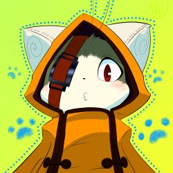 Rule 34 | 1boy, absurdres, animal ears, blazblue, cat boy, cat ears, commentary request, eyepatch, furry, furry male, highres, hood, hood up, hooded coat, ichiba c, jubei (blazblue), looking at viewer, male focus, one eye covered, paw print, red eyes, upper body