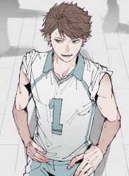 Rule 34 | 1boy, bare shoulders, brown eyes, collared shirt, commentary request, cowboy shot, haikyuu!!, hands on own hips, highres, looking to the side, male focus, mkyn29, multicolored clothes, oikawa tooru (haikyuu!!), open mouth, people, shirt, sideways glance, sketch, sleeves rolled up, solo, sportswear, standing, sweat, sweatdrop, volleyball uniform, wing collar