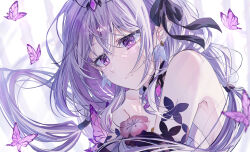 1girl absurdres bare_shoulders black_ribbon breasts bright_pupils bug butterfly castorice_(honkai:_star_rail) closed_mouth dress expressionless floating_hair grey_hair hair_ribbon highres honkai:_star_rail honkai_(series) insect long_hair looking_at_viewer mahiru_yura multicolored_hair pointy_ears purple_butterfly purple_dress purple_eyes ribbon sideboob upper_body white_pupils
