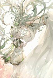2girls 403pa absurdres breasts closed_eyes commentary dress feet_out_of_frame floating floating_hair flower-shaped_pupils frown genshin_impact gold_trim gradient_hair green_eyes green_hair hair_ornament hair_spread_out hands_on_another&#039;s_face hands_up highres long_hair long_sleeves looking_at_another looking_up medium_breasts multicolored_hair multiple_girls nahida_(genshin_impact) rukkhadevata_(genshin_impact) short_hair short_sleeves sidelocks simple_background smile spoilers symbol-shaped_pupils underwear very_long_hair white_background white_dress white_hair