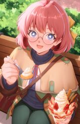 Rule 34 | 1girl, absurdres, ahoge, bench, blue eyes, blush, capelet, commentary, commission, dorothy hyatt, eiyuu densetsu, embarrassed, english commentary, eremas-su, food, freckles, glasses, hair between eyes, highres, holding, holding spoon, ice cream, looking at viewer, open mouth, outdoors, short hair, smile, solo, sora no kiseki, spoon, sundae