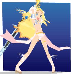3d arm_guards armor armored_gloves belt bikini_armor blonde_hair blue_background blue_eyes breastplate code_of_princess crown deluxcalibur_(code_of_princess) fighting_stance garter_straps gold_garter_straps gradient_background holding holding_sword holding_weapon long_hair long_sword looking_at_viewer looking_down low_poly sandals sidelocks smile solange_blanchefleur_de_luxe spoopthespoopster spread_legs sword two-handed_sword weapon white_sandals zweihander