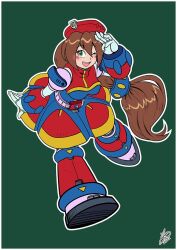 1girl arm_guards armor armored_boots armored_dress armored_gloves bare_shoulders belt beret blush boots bracer breastplate brown_hair cuirass dailyrockman dress gloves green_background green_hair hair_between_eyes hair_ornament hat iris_(mega_man) joints knee_boots long_hair looking_at_viewer mechanical_arms mechanical_boots mega_man_(series) mega_man_x_(series) one_eye_closed ponytail robot_joints shoulder_armor sidelocks simple_background smile solo turtleneck walking white_gloves