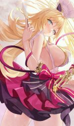 1girl absurdres apron aqua_eyes blonde_hair blush bow bow_skirt breasts chef_hat closed_mouth commentary_request cowlick dress escoffier_(genshin_impact) floating_hair frilled_apron frills from_side genshin_impact glint hand_up hat highres holding holding_knife knife large_breasts long_hair looking_at_viewer sideboob skirt solo sparkle standing sweat table_knife thighs toque_blanche two-tone_skirt very_long_hair white_apron white_hat zhongwu_chahui