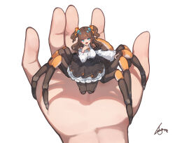 1girl 1other arthropod_girl arthropod_limbs artist_name blue_eyes blush bow breasts brown_hair dress frilled_dress frills full_body hair_bow hair_ribbon highres insect_girl lansane large_breasts long_hair long_sleeves looking_at_viewer orange_bow original outstretched_arm ribbon signature simple_background smile solo solo_focus spider_girl twintails white_background wide_sleeves