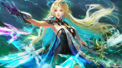 1girl black_collar black_dress blonde_hair blue_eyes blue_hair breasts closed_mouth collar commentary cowboy_shot crown_of_thorns darkyo07 dress english_commentary fleurdelys_(wuthering_waves) highres holding holding_sword holding_weapon horns jewelry large_breasts long_hair long_horns necklace outstretched_arm parted_bangs solo sword tabard tacet_mark_(wuthering_waves) very_long_hair weapon white_tabard wuthering_waves yellow_horns