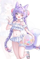 1girl ;d ahoge animal_ears ball bare_arms bare_shoulders bikini blue_eyes bow braid collarbone dot_nose fang flat_chest frills hair_ornament highres long_hair looking_at_viewer navel one_eye_closed open_mouth rosh_251 sandals smile solo standing standing_on_one_leg stellive stomach swimsuit tail tenko_shibuki twin_braids very_long_hair white_background white_bikini white_bow