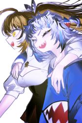 2girls :d absurdres ahoge arm_around_neck arm_over_shoulder blue_hair blue_hoodie blunt_bangs brown_hair cleavage_cutout closed_eyes clothing_cutout corset feather_hair_ornament feathers from_side gawr_gura gawr_gura_(1st_costume) grey_hair hair_ornament highres hololive hololive_english hood hoodie hug long_hair messy_hair multicolored_hair multiple_girls nanashi_mumei nanashi_mumei_(1st_costume) open_mouth ponytail pungson_mori runes sharp_teeth shirt skirt smile streaked_hair teeth three-quarter_sleeves upper_teeth_only v-shaped_eyebrows virtual_youtuber white_background white_shirt yellow_eyes