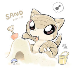 animal_focus brown_eyes bucket building_sand_sculpture claws dated fang gen_1_pokemon happy musical_note nintendo no_humans oda_takashi open_mouth poke_ball poke_ball_(basic) pokemon pokemon_(creature) sand_castle sand_sculpture sandshrew shovel signature simple_background sitting solo spoken_musical_note white_background