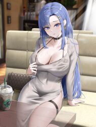 1girl absurdres bag black_bra black_choker blue_eyes blue_hair blurry bra breasts choker cleavage closed_mouth clothes_pull commentary commission couch covered_navel cup depth_of_field disposable_cup dongtan_dress dress dress_pull earrings english_commentary grey_dress hair_ornament hairclip highres jewelry katsuboys lace lace-trimmed_bra lace_trim large_breasts long_hair long_sleeves looking_at_viewer meme_attire original panties panties_visible_through_clothes parted_bangs pulling_own_clothes see-through_clothes see-through_dress side_slit sidelocks sitting solo string_bra sweat thigh_strap thighs transparent underwear very_long_hair wet wet_clothes wet_dress