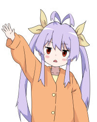 1girl :&lt; antenna_hair blush collarbone hair_ribbon jacket long_hair long_sleeves looking_at_viewer miyauchi_renge non_non_biyori nukegara_(pixiv_46266320) open_mouth orange_jacket purple_hair red_eyes ribbon shirt standing twintails upper_body waving white_background yellow_ribbon yellow_shirt